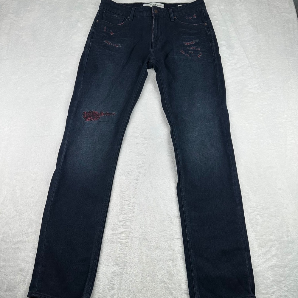 Guess Slim Angels Mens 33x32 Dark Wash Distressed Rip Repair Red Lining Jeans